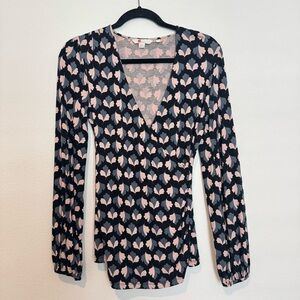 Boden Floral Print Navy Blue Faux Wrap Long Sleeve Blouse Top